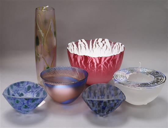 Malcolm Sutcliffe (b. 1954), a ruby and white overlay glass bowl and five other items of studio glass, tallest 25cm